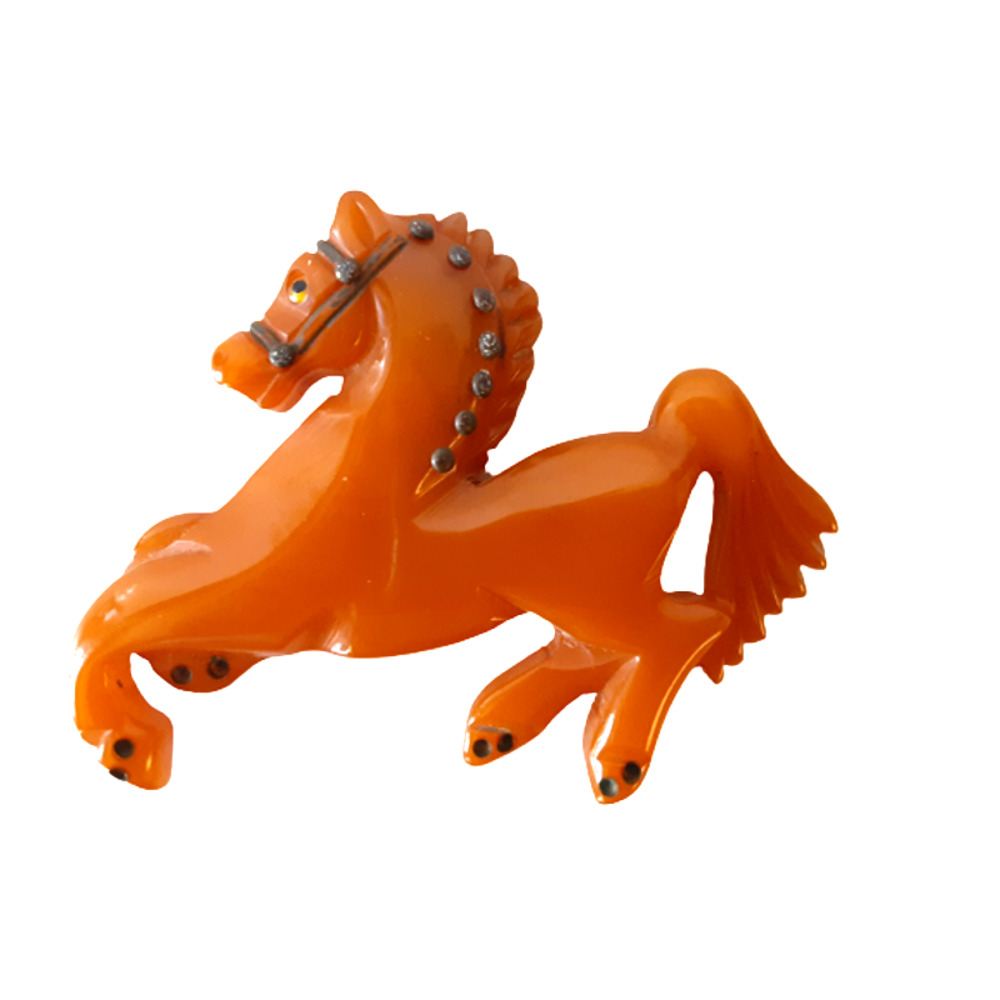 Bakelite Brooch - Equestrian Prancing Horse - Butterscotch - 40's Vintage
